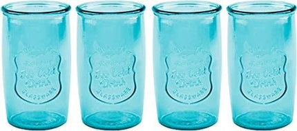 Glaver's Highball Glasses Set of 4 – 20oz Artistic Ice-Cold Pretty Blue – Vintage Glassware with Embossed Logo – Beverage Drinking Glasses for Water, Juice, Cocktails. Hand Wash.