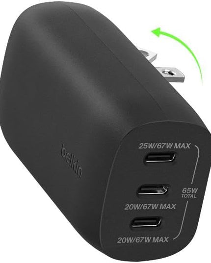 Belkin 3-Port USB C Charger Block w/PPS 67W, USB-C PD 3.1 Super Fast Charging - Samsung Galaxy S25, Apple iPhone 17, Air, Pro, Pro Max, MacBook, AirPods, Apple Watch, Nintendo Switch 2, etc. - Black
