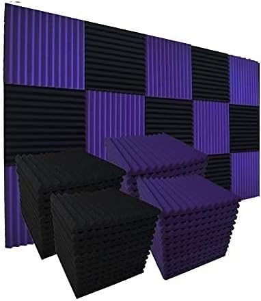 52 Pack Acoustic Foam Panels,1" x 12" x 12"Acoustic Wedge Studio Foam Sound Absorption Wall Panels (Black and purple)