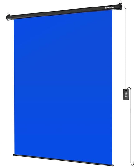 RAUBAY Motorized Pull Down Blue Screen - 59.8" x 86.6" Collapsible Wall-Mount Background for Professional Video Production, Chroma Key Backdrop for YouTube, TikTok, Streaming, Video Conferencing