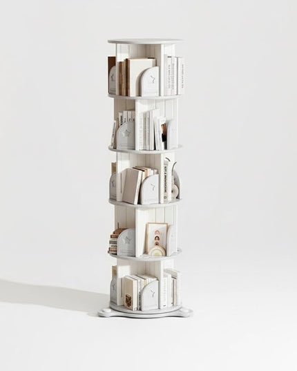 5-Tier Rotating Bookcase with Wheels, 360° Spinning Bookshelf Tower for Corner Spaces, Multi-Functional Book Display Stand & Organizer for Living Room, Bedroom, Classroom, Office - White