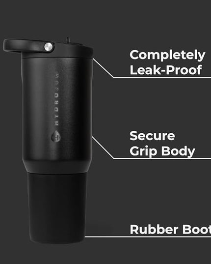 HydroJug Sport - Stainless Steel Tumbler with Straw, Vacuum Insulated, 20oz Leakproof Water Bottle, Ergonomic Design, Reusable, Dishwasher Safe, Rubber Base, Durable for Gym or Outdoors, Black