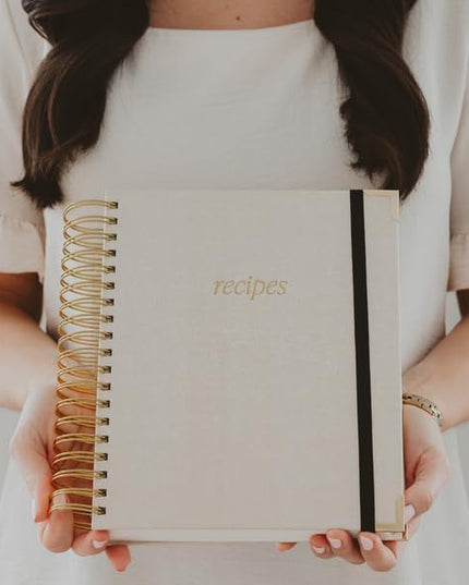 Sweet Water Decor Recipes Journal, Cute 8 Tabbed Cooking Notebook for Women, 40 Prompt Recipe Pages Per Section, Neutral Laminate Spiral Bound Diary with Gold Metal Corner Details