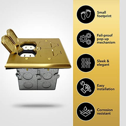 SLFB-2G-TR20-LV-BR 20A Receptacle Outlets, Tamper Resistant Electrical Floor Box with Flip Lid and Brass Cover, Retractable Recessed Socket for Kitchen, Countertops & Floors