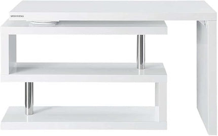 47" Swivel Top Desk with Storage Shelves - 360° Rotating Tabletop Computer Workstation for Home Office - Full Glossy Mirror Finish Space-Saving Corner Writing Table, White