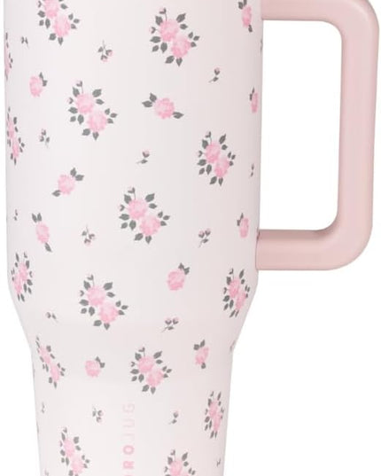 HydroJug Traveler - 32 oz Water Bottle with Handle & Flip Straw - Fits in Cup Holder, Leak Resistant Tumbler-Reusable Insulated Stainless Steel & Rubber Base - Gifts for Women & Men, Wildrose