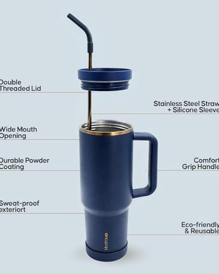 40oz Travel Tumbler Cup with Handle, Two-Way Slider Lid, Stainless Steel Straw with Silicone Tip, Vacuum Insulated Water Bottle for Hot & Cold Drinks, Great Gifts for Mom (Blue Gold)