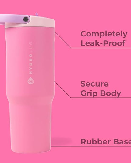 HydroJug Sport - Stainless Steel Tumbler with Straw, Vacuum Insulated, 32oz Leakproof Water Bottle, Ergonomic Design, Reusable, Dishwasher Safe, Rubber Base, Durable for Gym or Outdoors, Pink Sugar