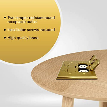 SLFB-2G-TR20-LV-BR 20A Receptacle Outlets, Tamper Resistant Electrical Floor Box with Flip Lid and Brass Cover, Retractable Recessed Socket for Kitchen, Countertops & Floors