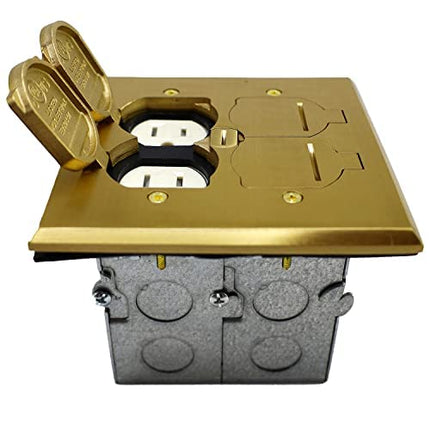 SLFB-2G-TR20-LV-BR 20A Receptacle Outlets, Tamper Resistant Electrical Floor Box with Flip Lid and Brass Cover, Retractable Recessed Socket for Kitchen, Countertops & Floors