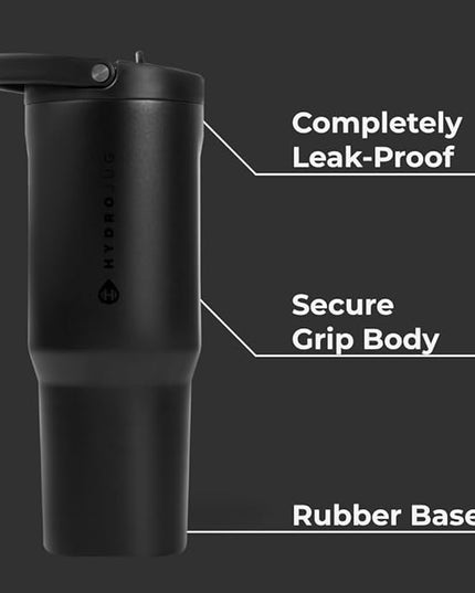 HydroJug Sport - Stainless Steel Tumbler with Straw, Vacuum Insulated, 32oz Leakproof Water Bottle, Ergonomic Design, Reusable, Dishwasher Safe, Rubber Base, Durable for Gym or Outdoors, Black