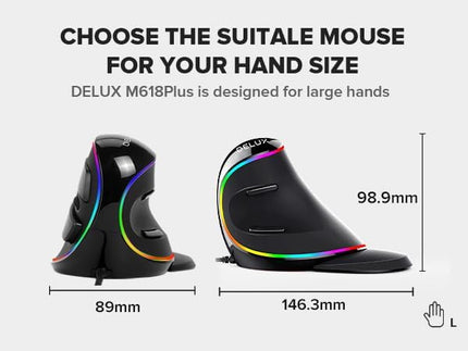 DeLUX Ergonomic Vertical Mouse, Wired Ergo Mouse for Large Hands, 6 Programmable Buttons, Up to 12800 DPI, Removable Wrist Rest, Vibrant RGB Backlit, for Windows 7/8/10/XP/Vista (M618Plus RGB-Wired)