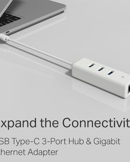 TP-Link UE330C USB-C 3.0 to Ethernet Adapter | Portable 3-Port USB-A 3.0 Hub w/ 1 Gigabit RJ45 Ethernet Port | Laptop Network Adapter | Plug & Play | Supports Win 7/8/8.1/10/11, Mac OS X (10.9-10.15)
