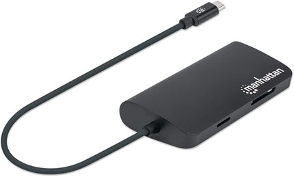 Manhattan USB-C Dock/Hub with Card Reader, Ports (x5): Ethernet, USB-A (3) and USB-C, with Power Delivery to USB-C Port (100W), 5 Gbps (USB 3.2 Gen1 aka USB 3.0), Cable 30cm, Aluminium, Black