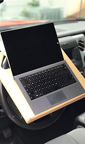 The Executive steering wheel desk measures 17” 3/4” × 13 7/8” provides a stable surface for most laptops, tablets, phones, and paperwork.