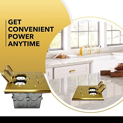 SLFB-2G-TR20-LV-BR 20A Receptacle Outlets, Tamper Resistant Electrical Floor Box with Flip Lid and Brass Cover, Retractable Recessed Socket for Kitchen, Countertops & Floors