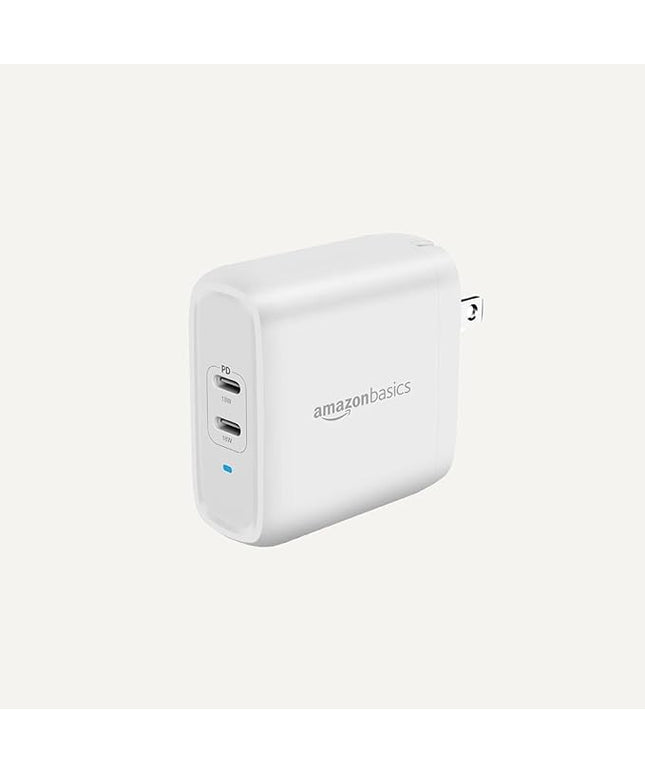 Amazon Basics 36W Dual Port USB-C Wall Charger with Power Delivery, Foldable Plug, for Tablets and Phones, Apple Watch, White, 2.34 x 1.09 x 2.21 in (PD36U-2TNB)