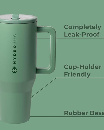 HydroJug Traveler - 32 oz Water Bottle with Handle & Flip Straw - Fits in Cup Holder, Leak Resistant Tumbler-Reusable Insulated Stainless Steel & Rubber Base - Gifts for Women & Men, Sage | with Handle, Flip Straw, Fits in Cup Holder, Leak Resistant, T...