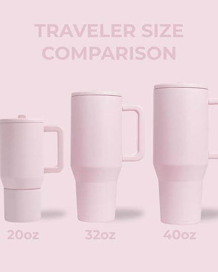 HydroJug Traveler - 40 oz Water Bottle with Handle & Flip Straw - Fits in Cup Holder, Leak Resistant Tumbler-Reusable Insulated Stainless Steel & Rubber Base - Gifts for Women & Men, Pink Sand