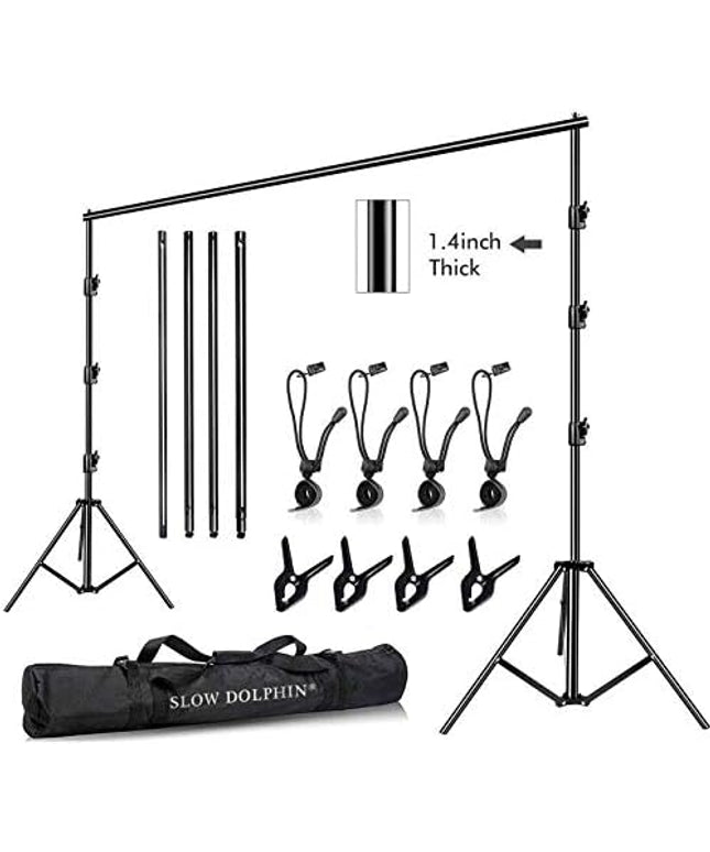 SLOW DOLPHIN 10 x 10Ft Photo Video Studio Heavy Duty Adjustable Muslin Backdrop Stand Background Support System Kit for Photography with Carrying Bag 8 Pcs Clip Clamps
