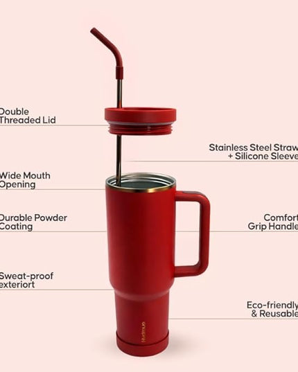 40oz Travel Tumbler Cup with Handle, Two-Way Slider Lid, Stainless Steel Straw with Silicone Tip, Vacuum Insulated Water Bottle for Hot & Cold Drinks, Great Gifts for Mom (Red Gold)