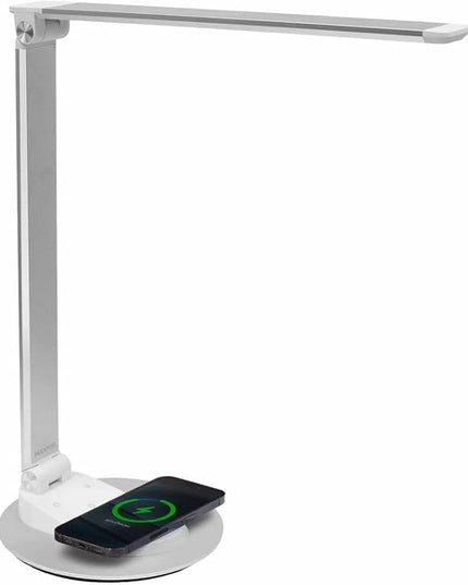 Mount-It! LED Desk Lamp with Wireless Charger and USB-C Charging Port, Dimmable Desk Lamp with 25 Brightness and Color Modes, for Home or Office, Adjustable Arm, Silver/White
