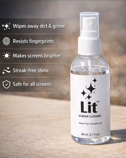 Lit Screen Cleaner Spray Kit (80 mL) + Microfiber Cloth — for Phone, iPad, Tablet, Laptop, Monitor, TV, Camera Lenses & Eyeglasses — Streak-Free, Alcohol-Free & Ammonia-Free, Travel Size