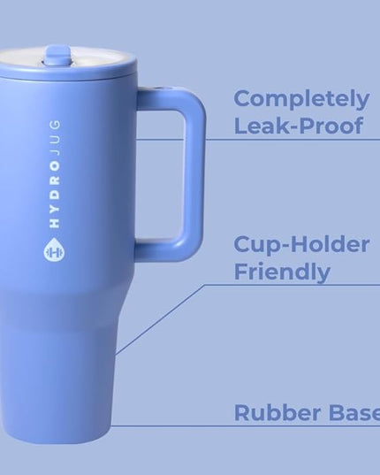 HydroJug Traveler - 40 oz Water Bottle with Handle & Flip Straw - Fits in Cup Holder, Leak Resistant Tumbler-Reusable Insulated Stainless Steel & Rubber Base - Gifts for Women & Men, Light Blue