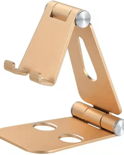 Adjustable Phone Stand, Premium Aluminum Foldable Desktop Holder in Black, Silver, Gold, Rose Gold with Dual-Hinge Design for Phones, Tablets (Gold)