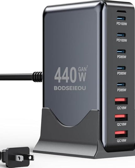 USB C Charger Block 440W Charging Station Hub,8 Port GaN III Fast Charging Brick with 5ft Extension Cord,PD PPS 100W Laptop Power Adapter for MacBook Pro/Air,iPhone 17/16,Samsung Galaxy,Dell