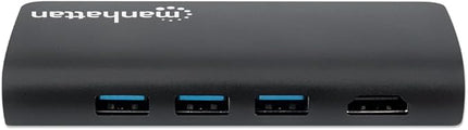 Manhattan USB-C Dock/Hub with Card Reader, Ports (x5): Ethernet, USB-A (3) and USB-C, with Power Delivery to USB-C Port (100W), 5 Gbps (USB 3.2 Gen1 aka USB 3.0), Cable 30cm, Aluminium, Black