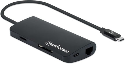 Manhattan USB-C Dock/Hub with Card Reader, Ports (x5): Ethernet, USB-A (3) and USB-C, with Power Delivery to USB-C Port (100W), 5 Gbps (USB 3.2 Gen1 aka USB 3.0), Cable 30cm, Aluminium, Black