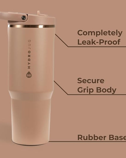 HydroJug Sport - Stainless Steel Tumbler with Straw, Vacuum Insulated, 40oz Leakproof Water Bottle, Ergonomic Design, Reusable, Dishwasher Safe, Rubber Base, Durable for Gym or Outdoors, Caramel