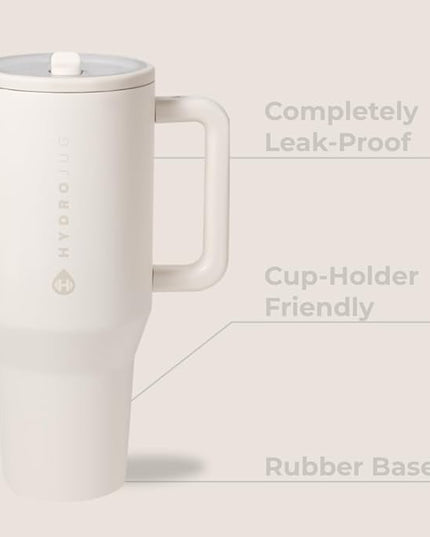 HydroJug Traveler - 40 oz Water Bottle with Handle & Flip Straw - Fits in Cup Holder, Leak Resistant Tumbler-Reusable Insulated Stainless Steel & Rubber Base - Gifts for Women & Men, Cream