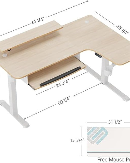 EUREKA ERGONOMIC Standing Desk Adjustable Height 61" Electric Sit Stand Computer Desk L Shaped with Keyboard Tray,Monitor Stand &LED, Dual Motor Memory Presets Sit to Desk Adjustable Desk, Right/Maple