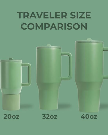 HydroJug Traveler - 32 oz Water Bottle with Handle & Flip Straw - Fits in Cup Holder, Leak Resistant Tumbler-Reusable Insulated Stainless Steel & Rubber Base - Gifts for Women & Men, Sage | with Handle, Flip Straw, Fits in Cup Holder, Leak Resistant, T...