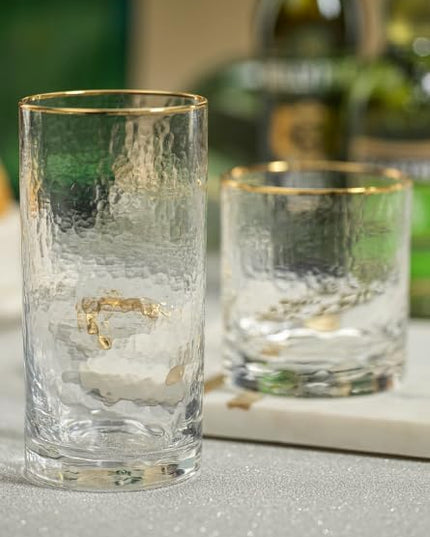 Set of 4 Hammered Highball Glasses with Gold Rim 3 x 6 Inch, Elegant Textured Drinkware for Cocktails and Beverages