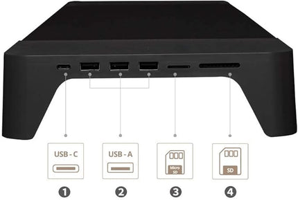 POUT E8 Wood Desk Monitor Computer Stand Riser Shelf + USB HUB + Qi Fast Wireless Charging Charger Pad Mat for Laptop, Apple, iMac, PC, iPhone, Samsung Galaxy, Airpod 2, Buds (Black)