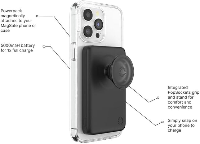 PopSockets PowerPack for MagSafe Magnetic Power Bank, Portable Phone Charger, Magnetic Wireless Battery Pack, 5000mAh for iPhone 16/15/14/13/12 Pro/Pro Max/Plus - Black