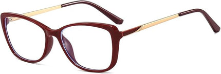 Siming Blue Light Blocking Glasses, Burgundy Frame with Gold Temples, Square Shape, Clear Lenses