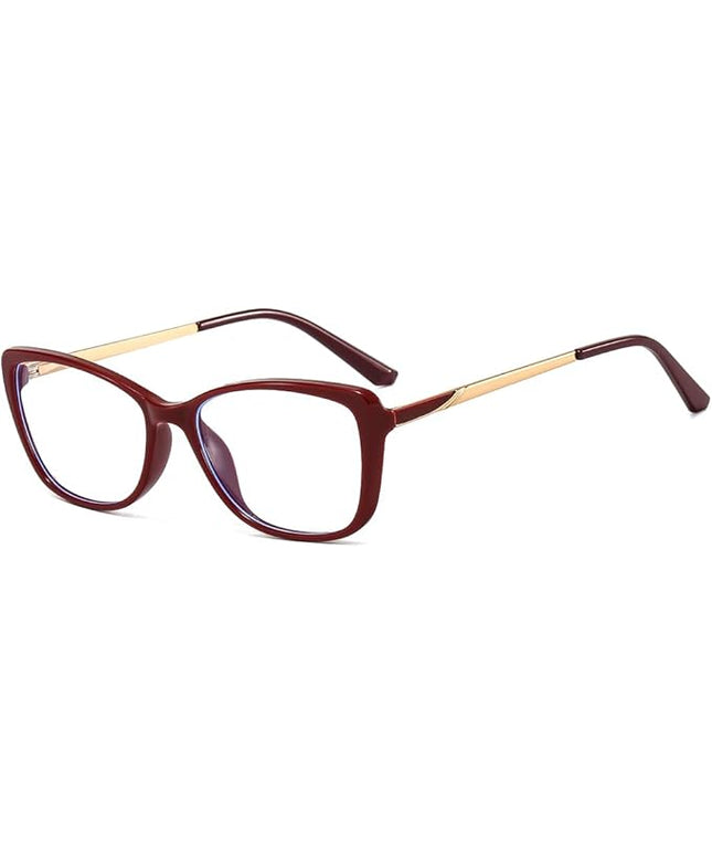Siming Blue Light Blocking Glasses, Burgundy Frame with Gold Temples, Square Shape, Clear Lenses