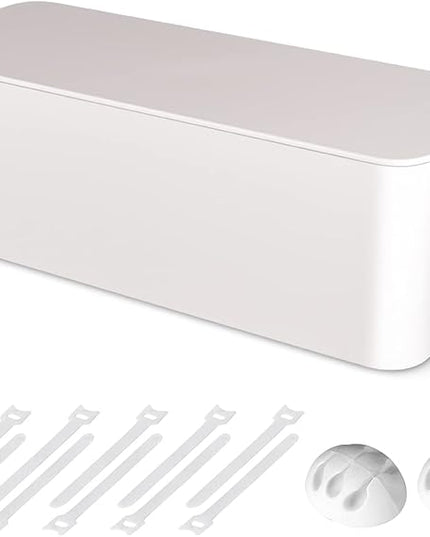 Cable Management Box, Large Cord Organizer Box to Hide Power Strip & Under Desk,TV Computer Wires Cable Organizer Hider Box with Cable Clips&Reusable Cable Ties for Home/Office(White)