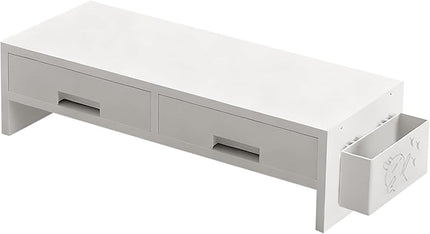 Desk Monitor Stand Riser - Double Drawer Organizer, Ergonomic Adjustable Shelf, Durable Wooden Desktop | Space-Saving Computer Accessory for Home Office Study and Bedroom Setup