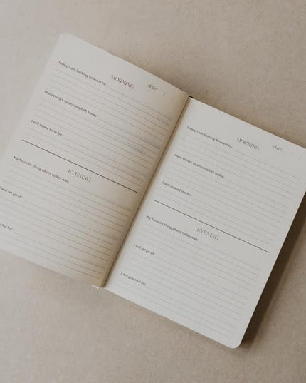 Sweet Water Decor Be Mindful Daily Journal, Cute Prompted Notebook for Women, 200 Ruled Pages for Morning & Evening Reflection, Stripe Matte Laminate Hardcover Diary with Gold Foil Details