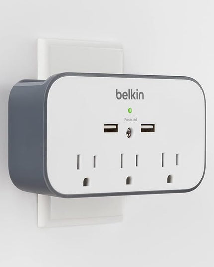 Belkin Wall Mount Surge Protector - 3 AC Multiple Outlet Extender & 2 USB Ports - Flat Rotating Plug Wall Mount Cradle for Home, Office, Travel, Computer Desktop & Charging Brick (540 Joules) - 4 Pack