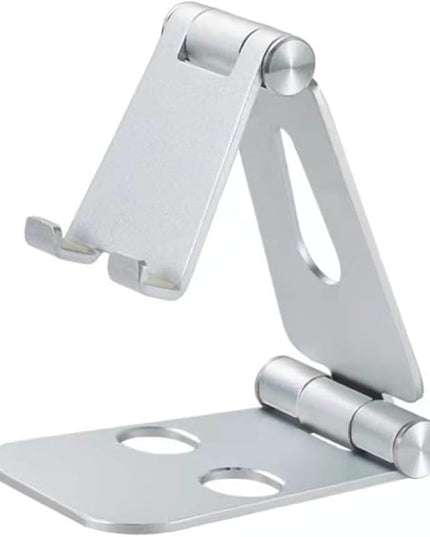 Adjustable Phone Stand, Premium Aluminum Foldable Desktop Holder in Black, Silver, Gold, Rose Gold with Dual-Hinge Design for Phones, Tablets (Silver)