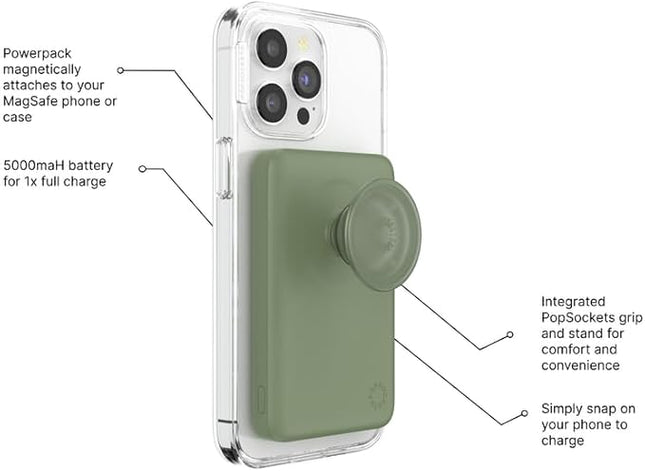 PopSockets PowerPack for MagSafe, Portable Phone Charger, Magnetic Wireless Portable Charger, 5000mAh - Eucalyptus