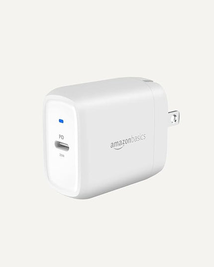Amazon Basics 20W Foldable USB-C Wall Charger with Power Delivery for Tablets & Phones (iPhone 16/15/14/13/12/11/X, iPad, Samsung), Portable, non-PPS, White