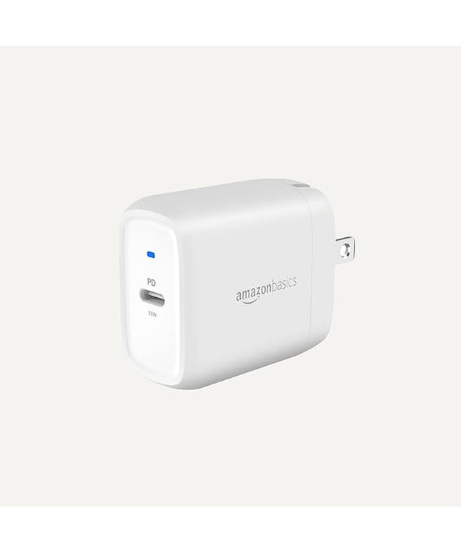 Amazon Basics 20W Foldable USB-C Wall Charger with Power Delivery for Tablets & Phones (iPhone 16/15/14/13/12/11/X, iPad, Samsung), Portable, non-PPS, White