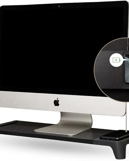 POUT E8 Wood Desk Monitor Computer Stand Riser Shelf + USB HUB + Qi Fast Wireless Charging Charger Pad Mat for Laptop, Apple, iMac, PC, iPhone, Samsung Galaxy, Airpod 2, Buds (Black)